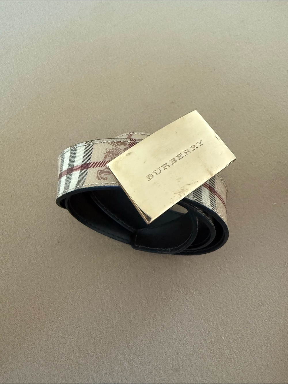 Burberry Horseferry Check Leather Belt with Gold Buckle